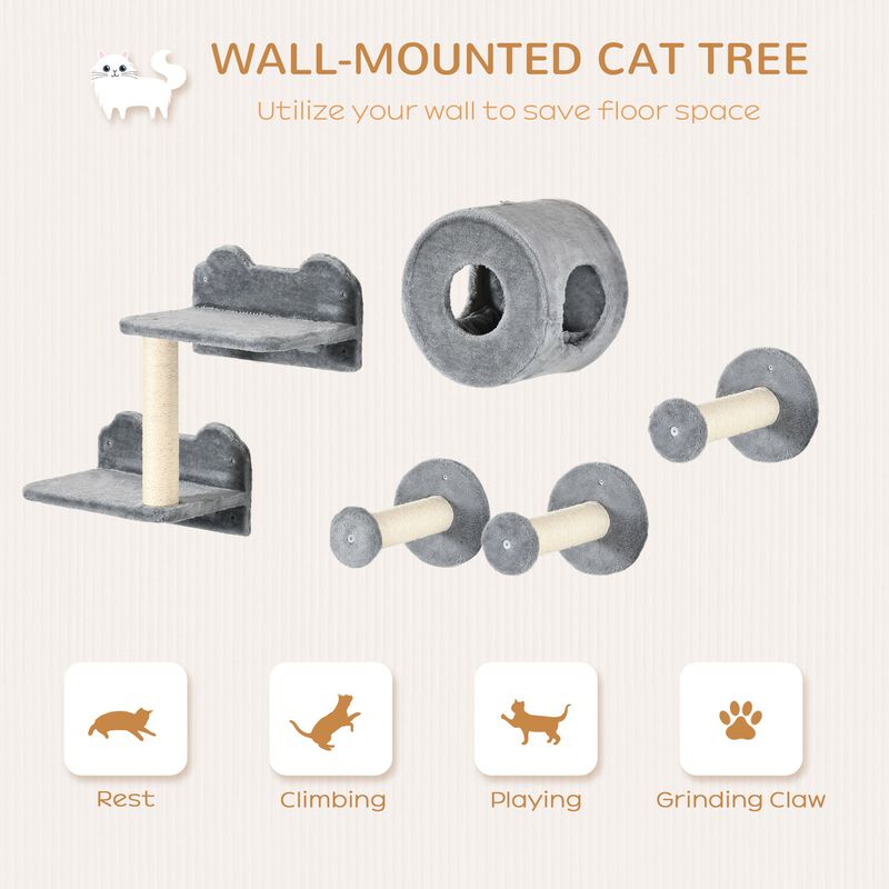 Gray Cat Playground: 5-Piece Wall-Mounted Shelves & Perches Set