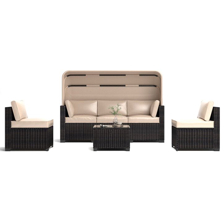 Mondawe 6 Pieces Patio Furniture Sets, Outdoor Rattan Daybed with Retractable Canopy, Outdoor Sectional Sofa Set with Adjustable Backrest, Chaise Chair Sunbed for Garden Poolside Backyard