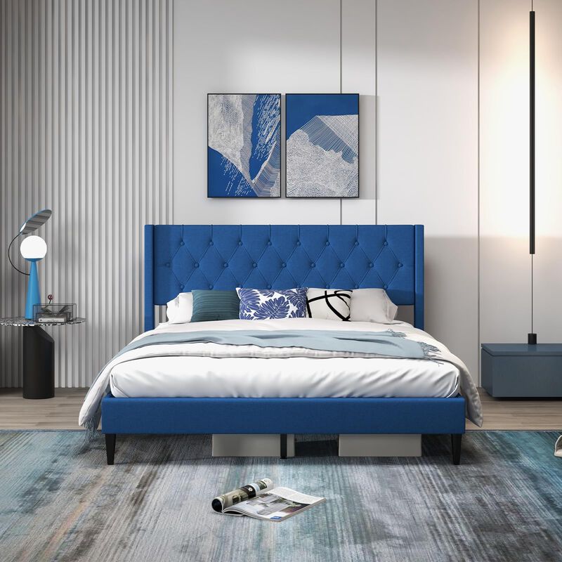 Queen Size Upholstered Platform Bed with Button Tufted Wingback Headboard-Blue