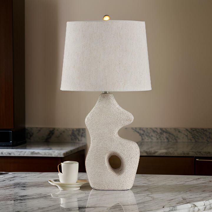 26 Inch Table Lamp Set of 2, Beige Sculptural Base, Empire Fabric Shade - Benzara