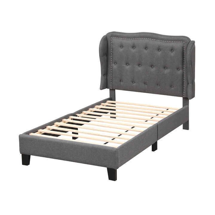 Bed Frame with Button Tufted Wingback Headboard and Storage Space