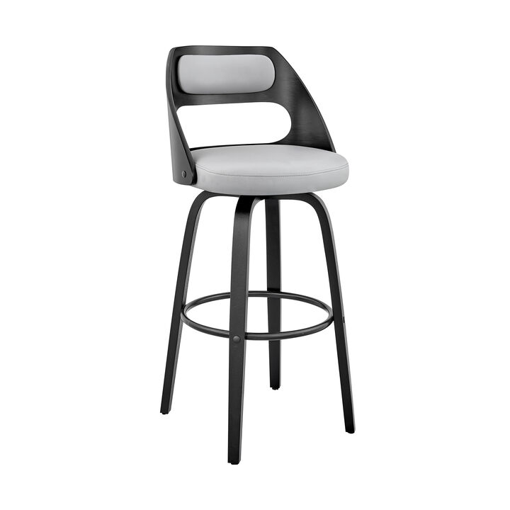 Julius  Gray Faux Leather and Black Wood Bar Stool