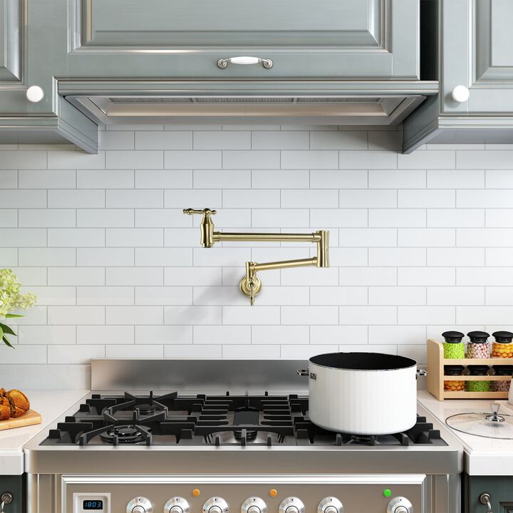 Mondawe Pot Filler Faucet Wall Mount Folding Stretchable Brass Kitchen Faucet with Single Hole Two Handles