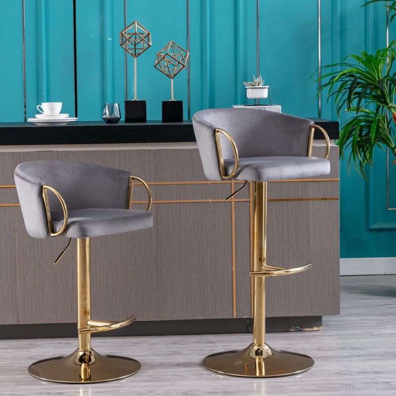 Set of 2 Bar Stools, with Chrome Footrest and Base Swivel Height Adjustable Mechanical Lifting Velvet + Golden Leg Simple Bar Stool-Grey