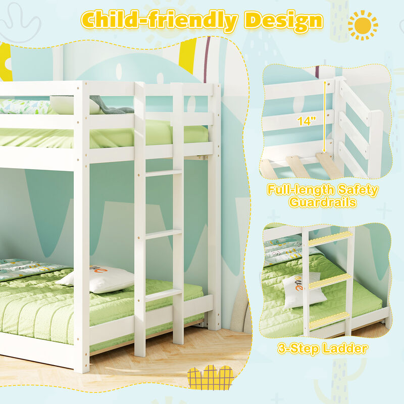 Wooden Bunk Bed with Full-length Safety Guardrail and Ladder