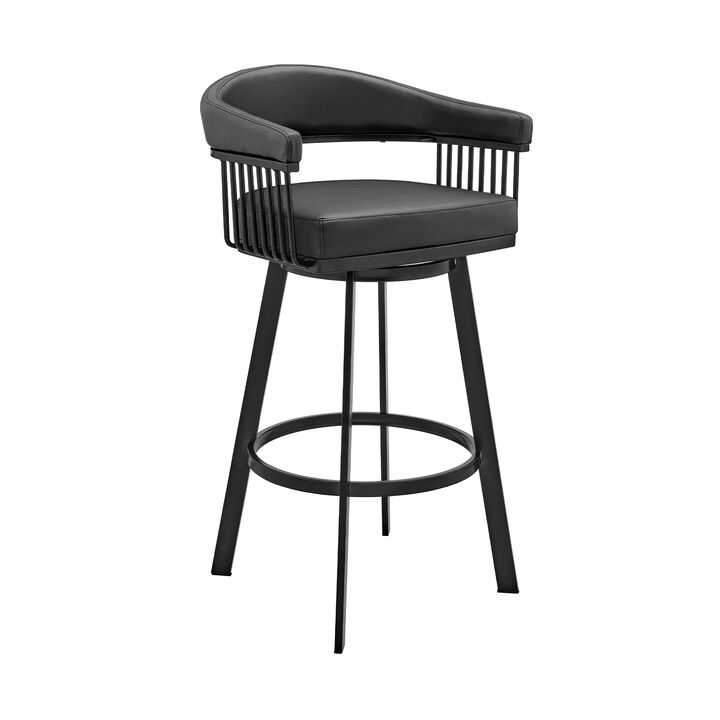 Swivel Barstool with Open Metal Frame and Slatted Arms, Black-Benzara