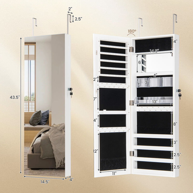 Jewelry Mirror Cabinet with Adjustable Hangers and Storage for Accessories