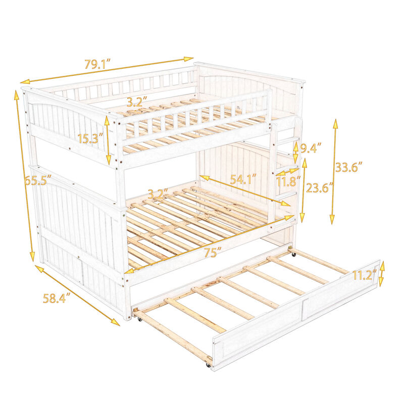 Full Over Full Bunk Bed With Twin Size Trundle, Pine Wood Bunk Bed With Guardrails, Gold