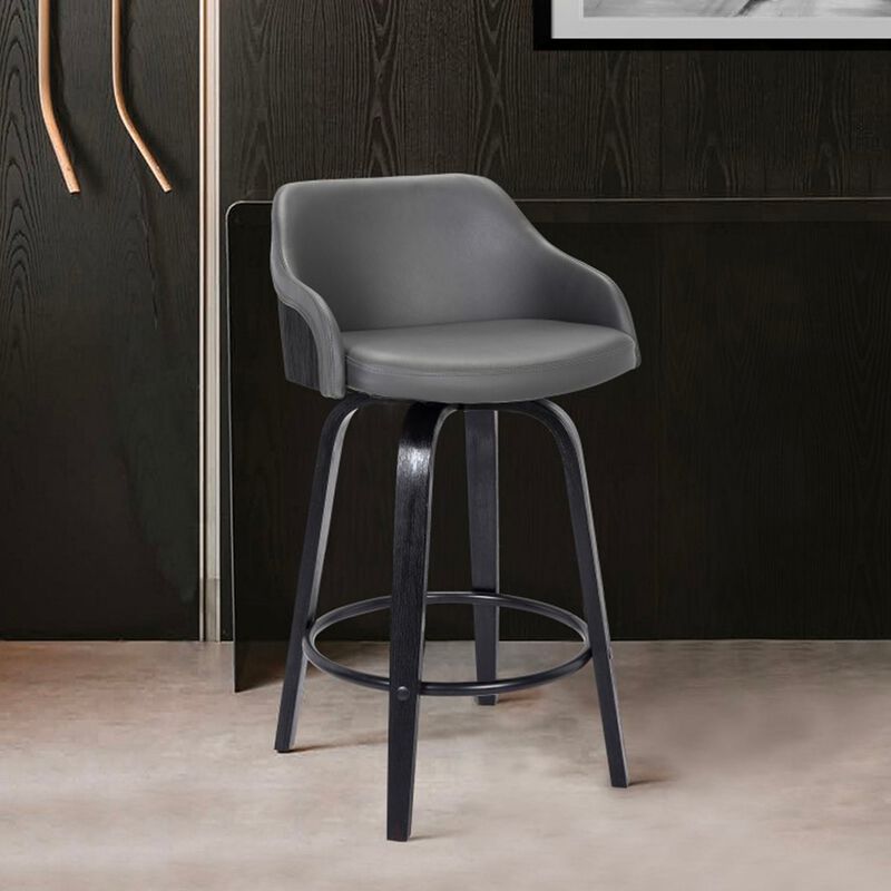 26 Inch Wooden and Leatherette Swivel Barstool, Black and Gray-Benzara