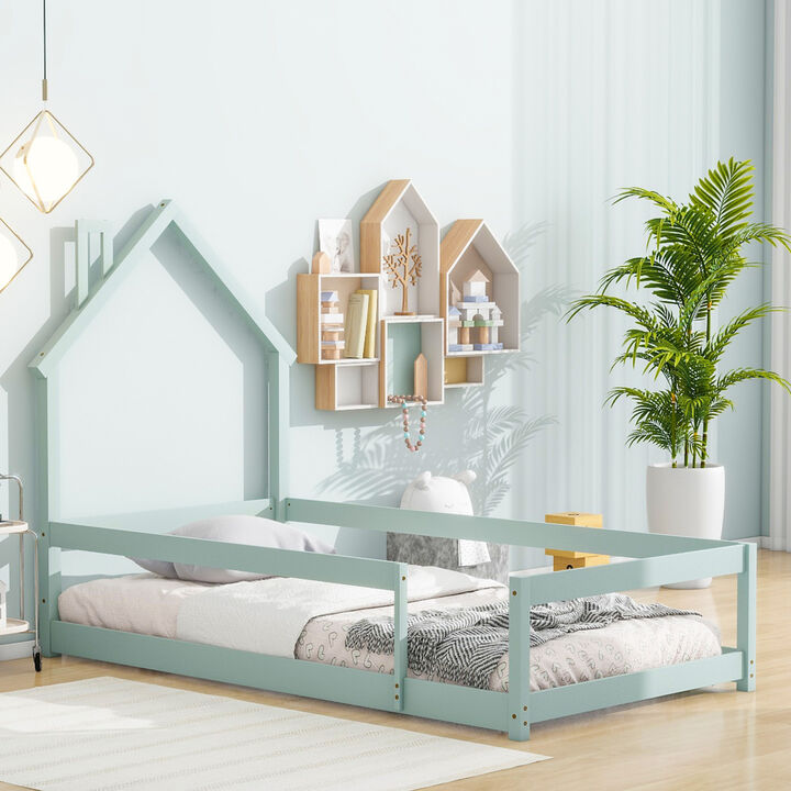 Twin Size Wood Bed With House-Shaped Headboard Floor Bed With Fences, Light Green