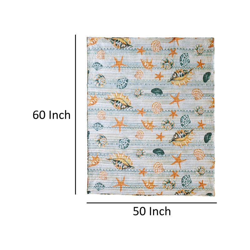 Carie Throw Blanket, Coastal Seashell Print, Blue Orange Cotton Microfiber