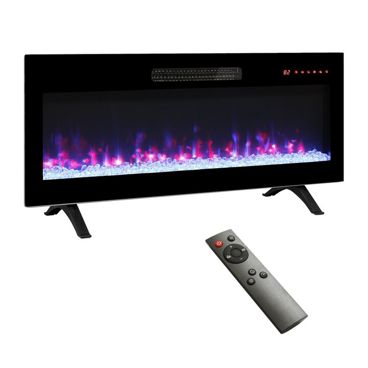 MONDAWE 36 Inch Recessed Ultra Thin Tempered Glass Front Wall Mounted Electric Fireplace With Remote And Multi Color Flame & Emberbed, LED Light Heater