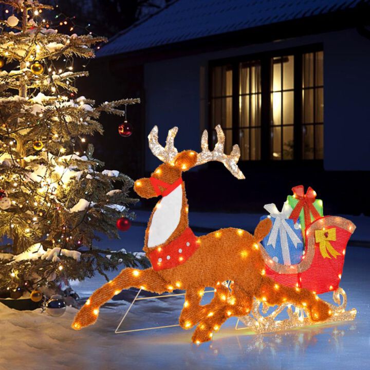Hivvago Lighted 2D Christmas Reindeer and Sleigh Decoration for Lawn Front Door Home