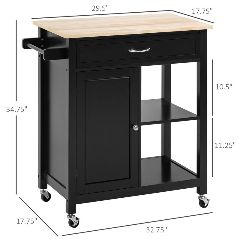 Black Kitchen Cart: Utility Trolley with Wood Top & Drawer