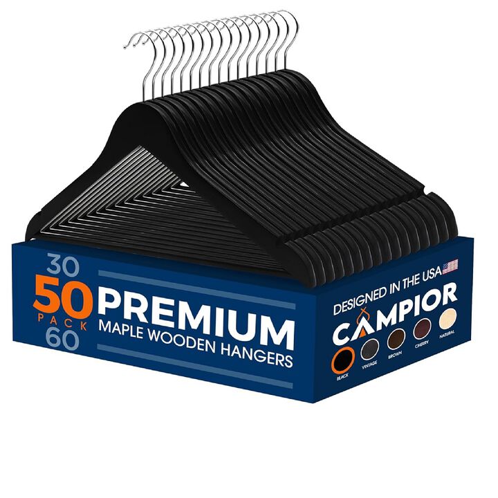 Wooden Clothes Hangers - 50 Pack, Durable, Non-Slip, Space-Saving Hangers for Dresses, Coats, and More, Holds Up to 10 lbs with 360° Swivel Hook, Black Finish