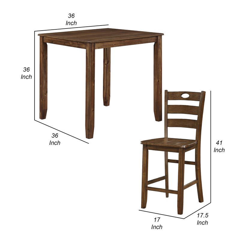Timothy 5 Piece Counter Height Dining Table and Chairs, Square, Brown Wood - Benzara
