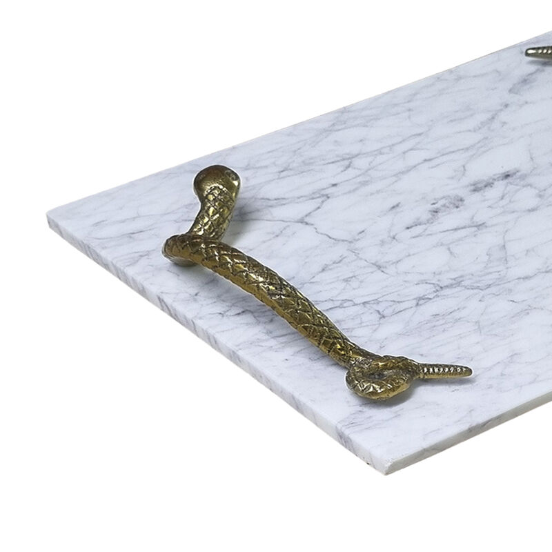 Mamba White Marble Decorative Serving Tray with Brass Snake Handles - Benzara