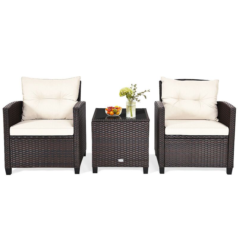 3 Pcs Patio Rattan Furniture Set Cushioned Conversation Set Coffee Table