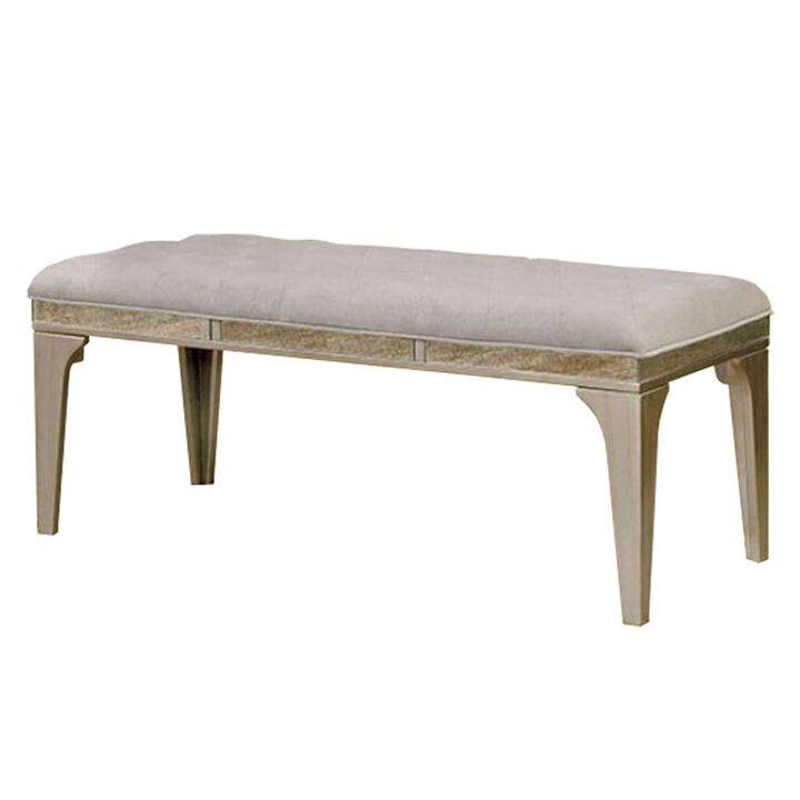51 Inch Wood Bench, Cushioned Seat, Tapered Legs Support, Gray, Champagne Silver-Benzara