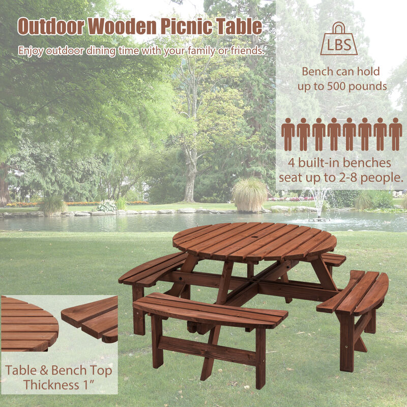 8 Person Wooden Picnic Table with Built-In Benches