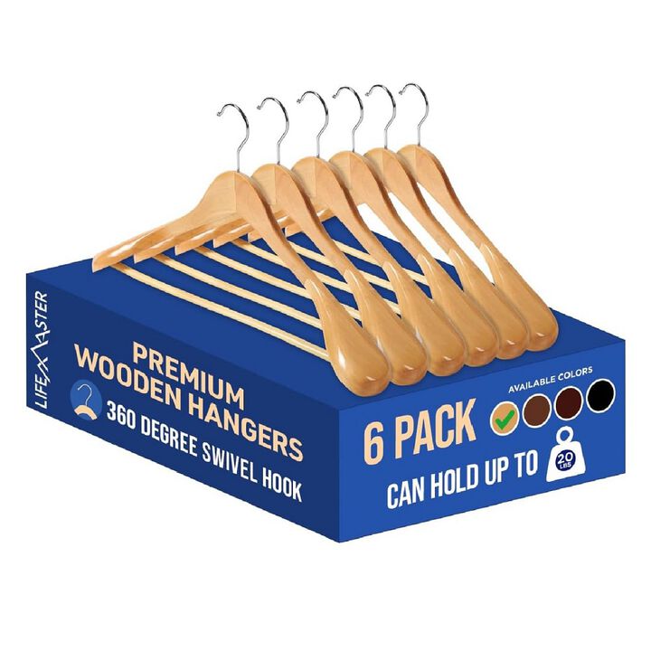Solid Wooden Hanger Set - 6 Pieces Non-Slip Versatile Closet Space-Saving Hanger Set for Suit, Coat, Camisole, Jacket, Pants, and Dresses with 360° Swivel Hook - Natural Color