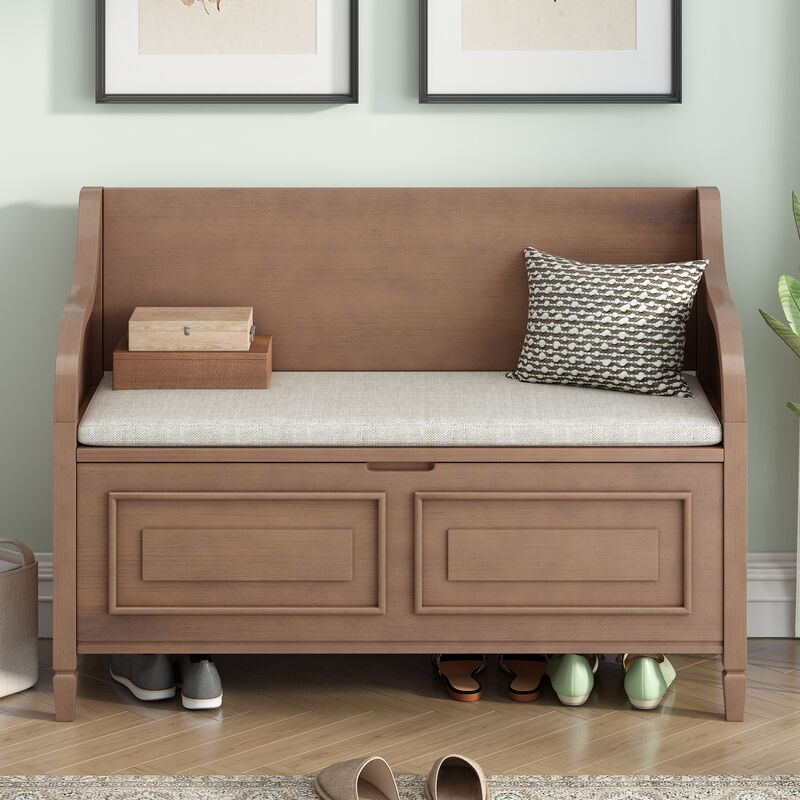Gewnee Rustic Style Solid wood Entryway Multifunctional Storage Bench with Safety Hinge (Brown+ Beige)