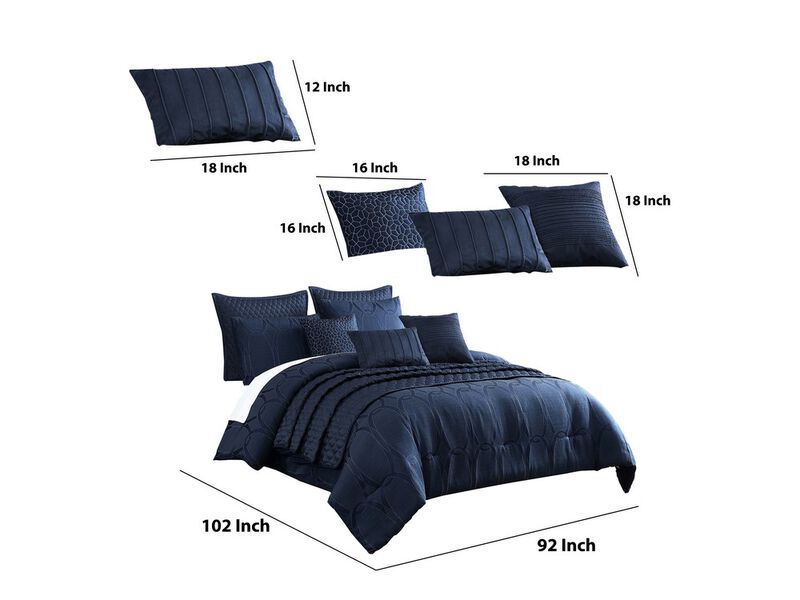 10 Piece King Polyester Comforter Set with Geometric Oblong Print, Dark Blue - Benzara