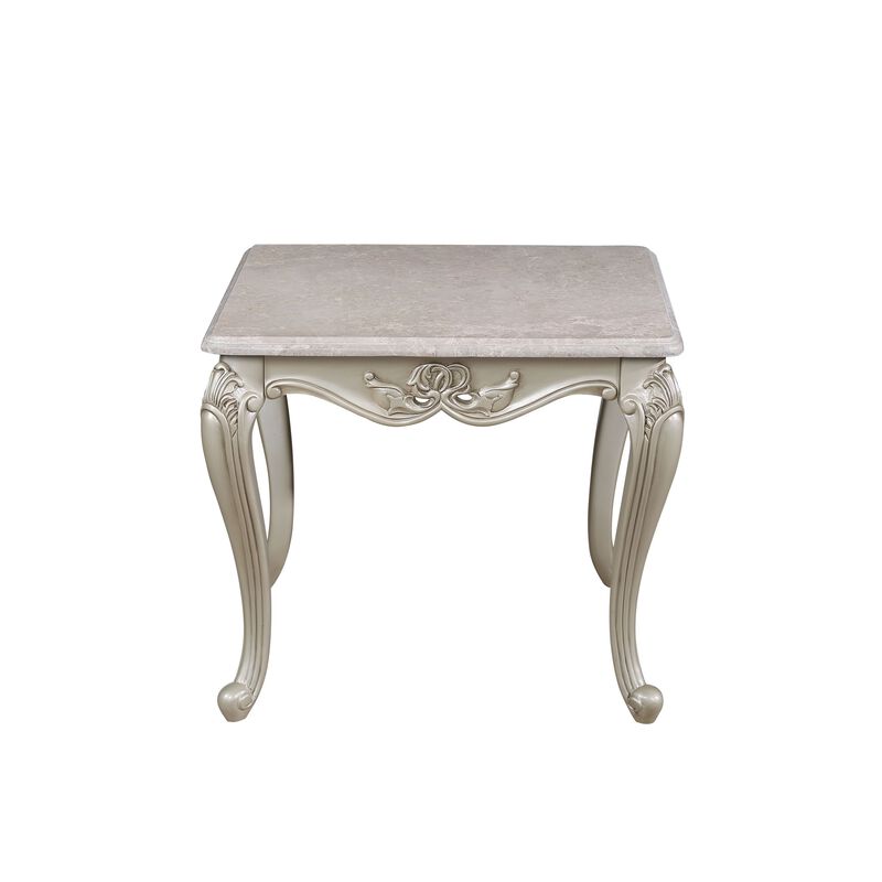 Kerra Side End Table, Beige Marble, Classic Carved Champagne 28 Inch - Benzara