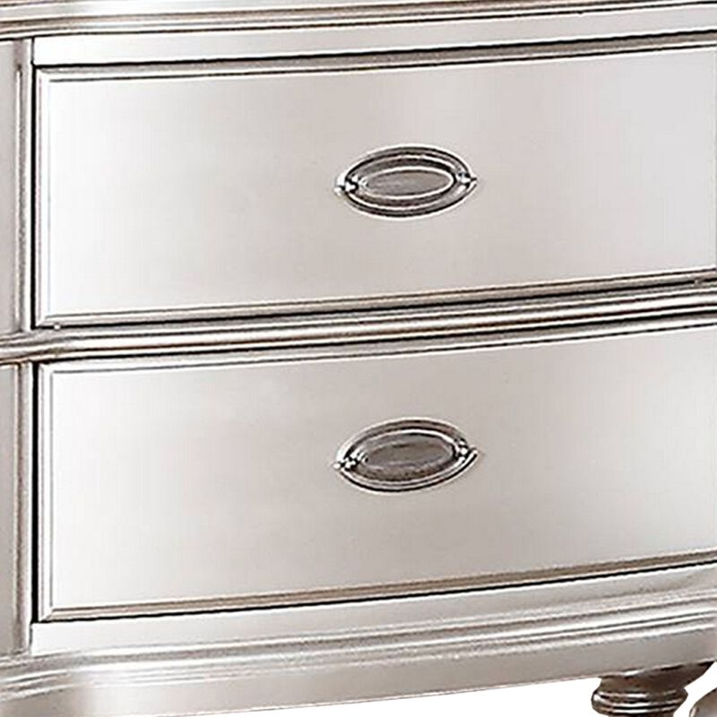 28 Inches 2 Drawer Wooden Nightstand with Turned Legs, Silver-Benzara