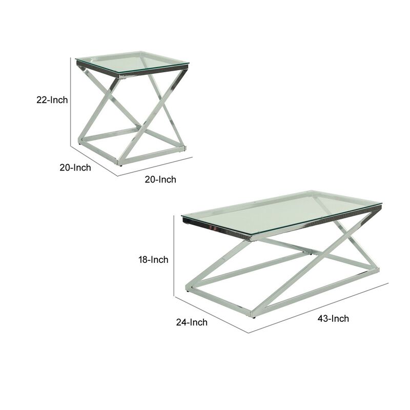 Gen Coffee and End Table Set of 3, Tempered Glass Top, Chrome Metal Base - Benzara
