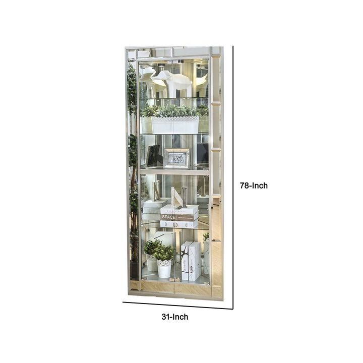 Wood and Glass Corner Curio Cabinet with Five Shelves, Silver-Benzara