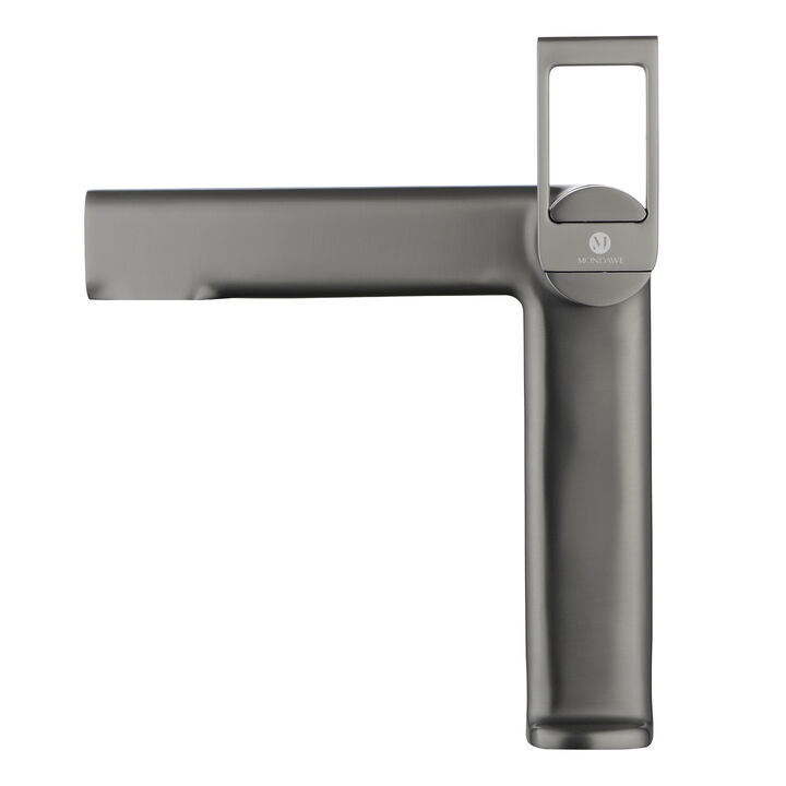 Mondawe Single Hole Modern Bathroom Faucet Long Spout Brass Bathroom Sink Faucet in Grey