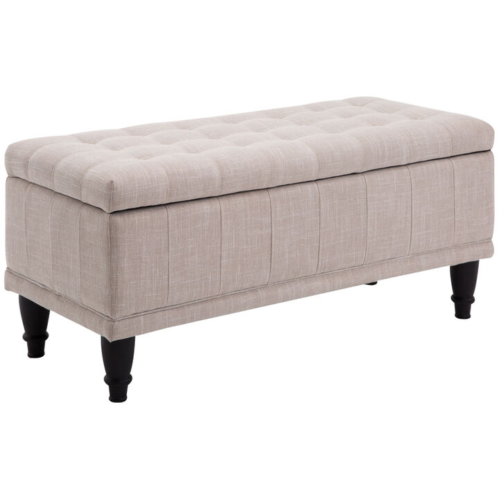 HOMCOM Storage Ottoman, Linen Fabric Button Tufted Storage Bench with Soft Close Lid for Living Room, Entryway or Bedroom, Beige