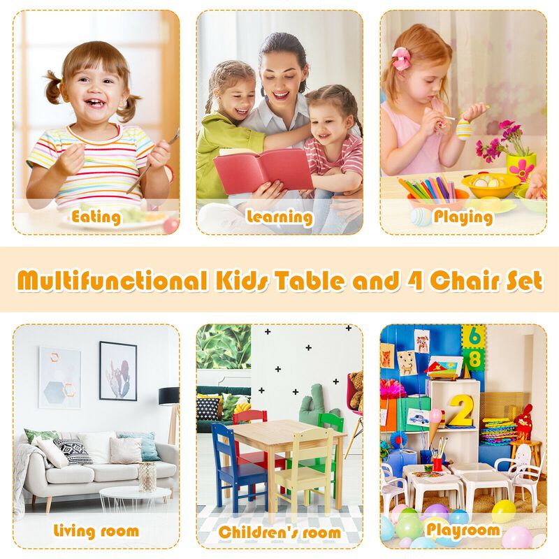5 pcs Kids Pine Wood Table Chair Set
