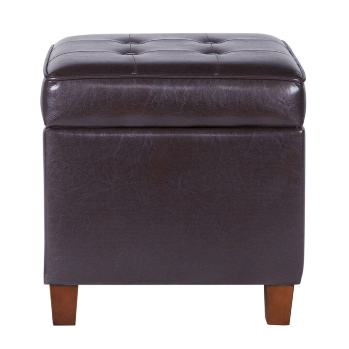 Square Shape Leatherette Upholstered Wooden Ottoman with Tufted Lift Off Lid Storage, Brown - Benzara