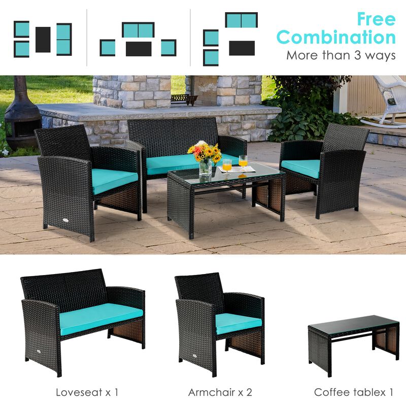 4Pcs Patio Rattan Cushioned Furniture Set
