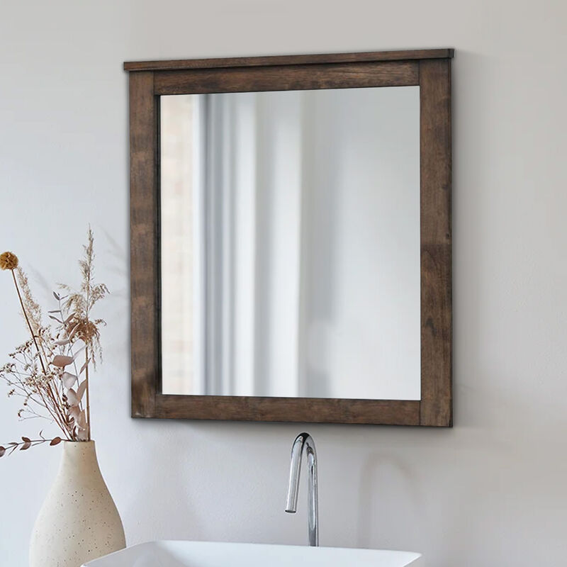 41 Inch Wood Portrait Mirror, Beveled Trim Top, Wood Grain, Oak Brown - Benzara