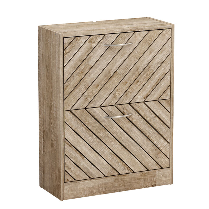 Natural Color 12-Pair Shoe Storage Cabinet with 2-Drawers and 4-Compartments and Wood Grain
