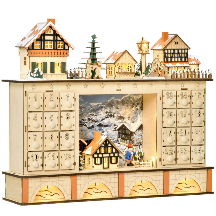 Christmas Advent Calendar, Light Up Wooden Store w/ Countdown Drawer, Village