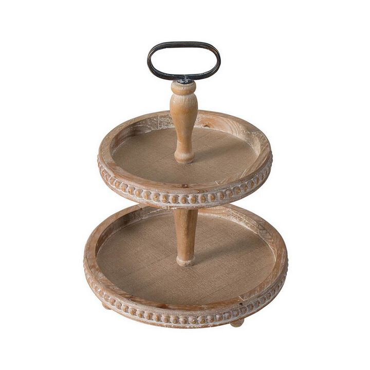 Mike 17 Inch 2 Tier Round Serving Tray, Handle, Beaded Trim, Brown Wood - Benzara