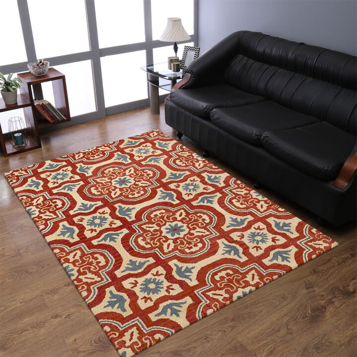 RUGSOTIC CARPETS HAND TUFTED WOOL ECO-FRIENDLY AREA RUGS  - 3'x5', Rectangle Shape, Red & Beige, Floral Modern Design, High Pile Thick Handmade Area Rugs for Living Room, Bed Room (K00230)