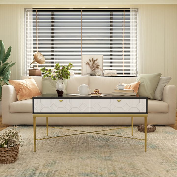 47 in. Black and White Rectangle Wood Coffee Table with 2-Drawers