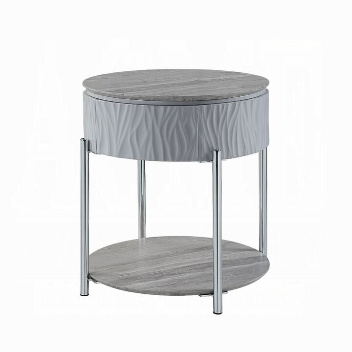 Doug Side End Table, 22 Inch Gray High Gloss Wood, Chrome Metal Finish - Benzara