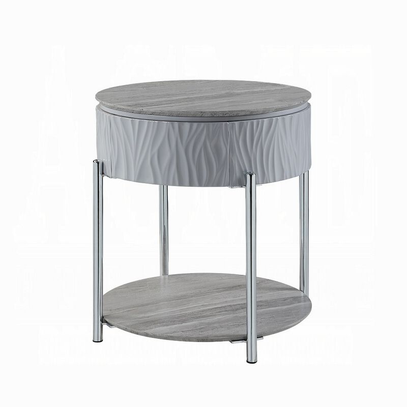 Doug Side End Table, 22 Inch Gray High Gloss Wood, Chrome Metal Finish - Benzara