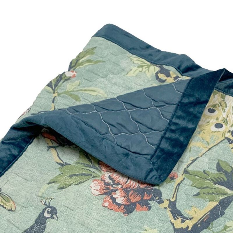 Eden 60 Inch Throw Blanket, Butterflies and Songbirds, Green Microfiber-Benzara