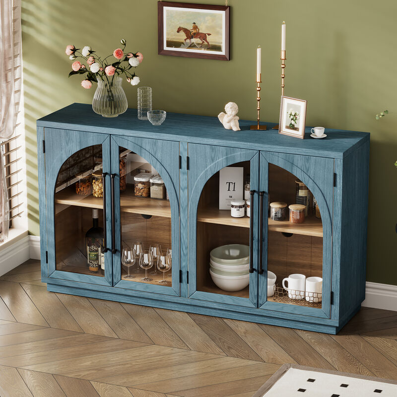 TREXM 4-Door Large Storage Sideboard Buffet Cabinet with Glass Doors, Arched Cabinet with Adjustable Shelves for Kitchen, Dining Room and Living Room (Navy)