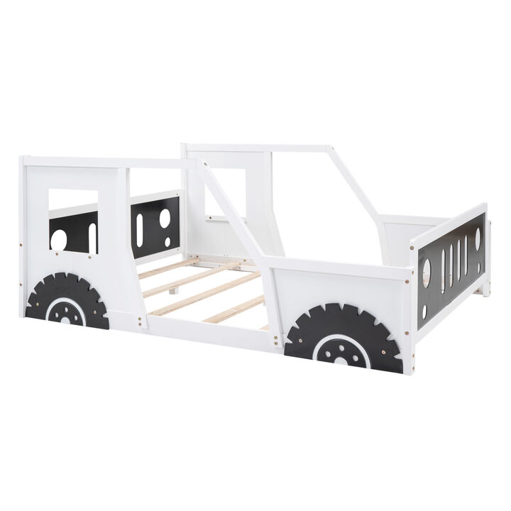 Full Size Classic Car-Shaped Platform Bed With Wheels, White