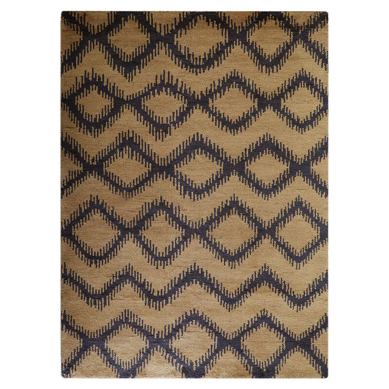 HAND KNOTTED WOOL Geometric AREA RUGS  - 8'x10', Rectangle Shape, Gold Charcoal Color, Geometric Modern, Medium Pile Handmade Area Rugs for Living Room, Bed Room (N00165)