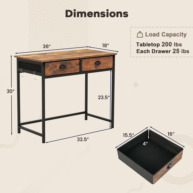 Space-Saving Home Office Desk with 2 Fabric Drawers and 4 Hanging Hooks for Storage