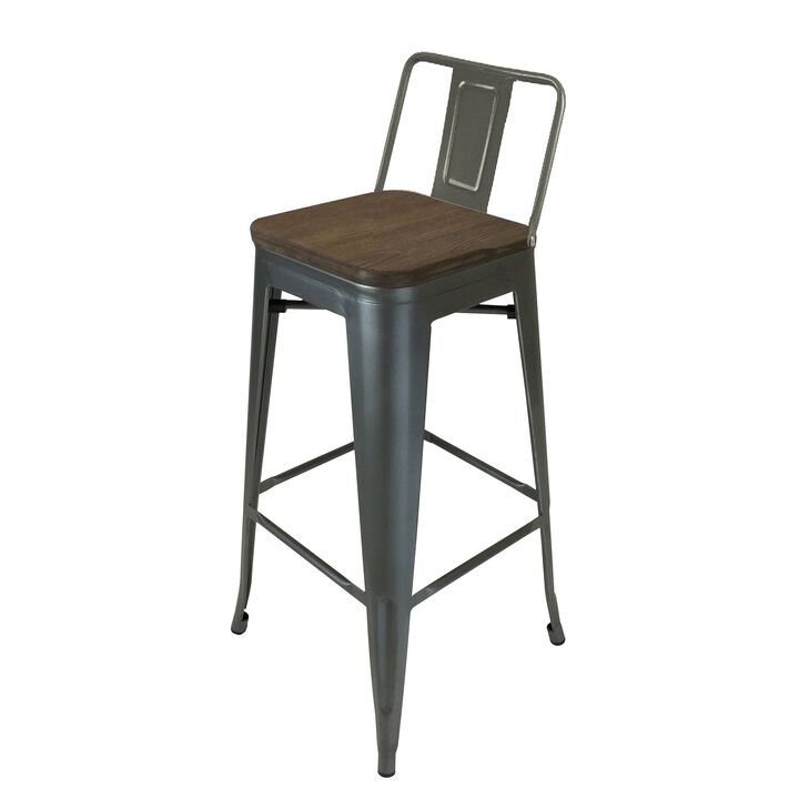 Trace 26 Inch Counter Stool Chair, Low Back, Wood Seat, Gray Metal Finish - Benzara